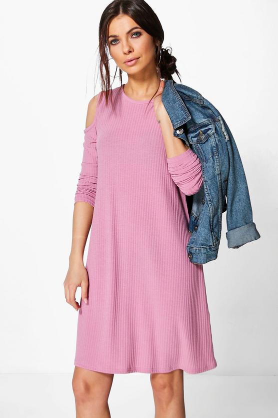 Lily Cold Shoulder Soft Knit Rib Swing Dress